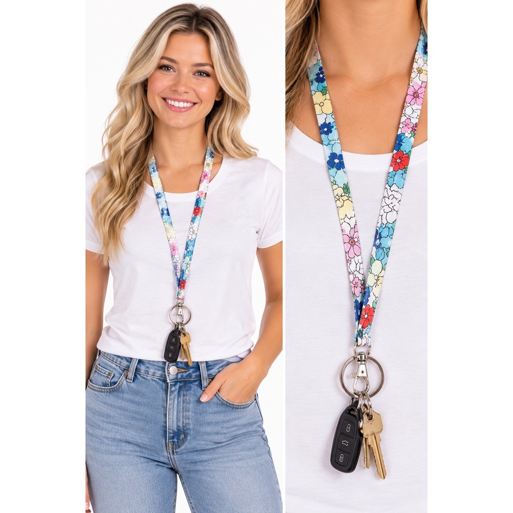 Vera Bradley Lanyard Far Out Floral Blue Pink Yellow Cotton ID Key Holder NEW